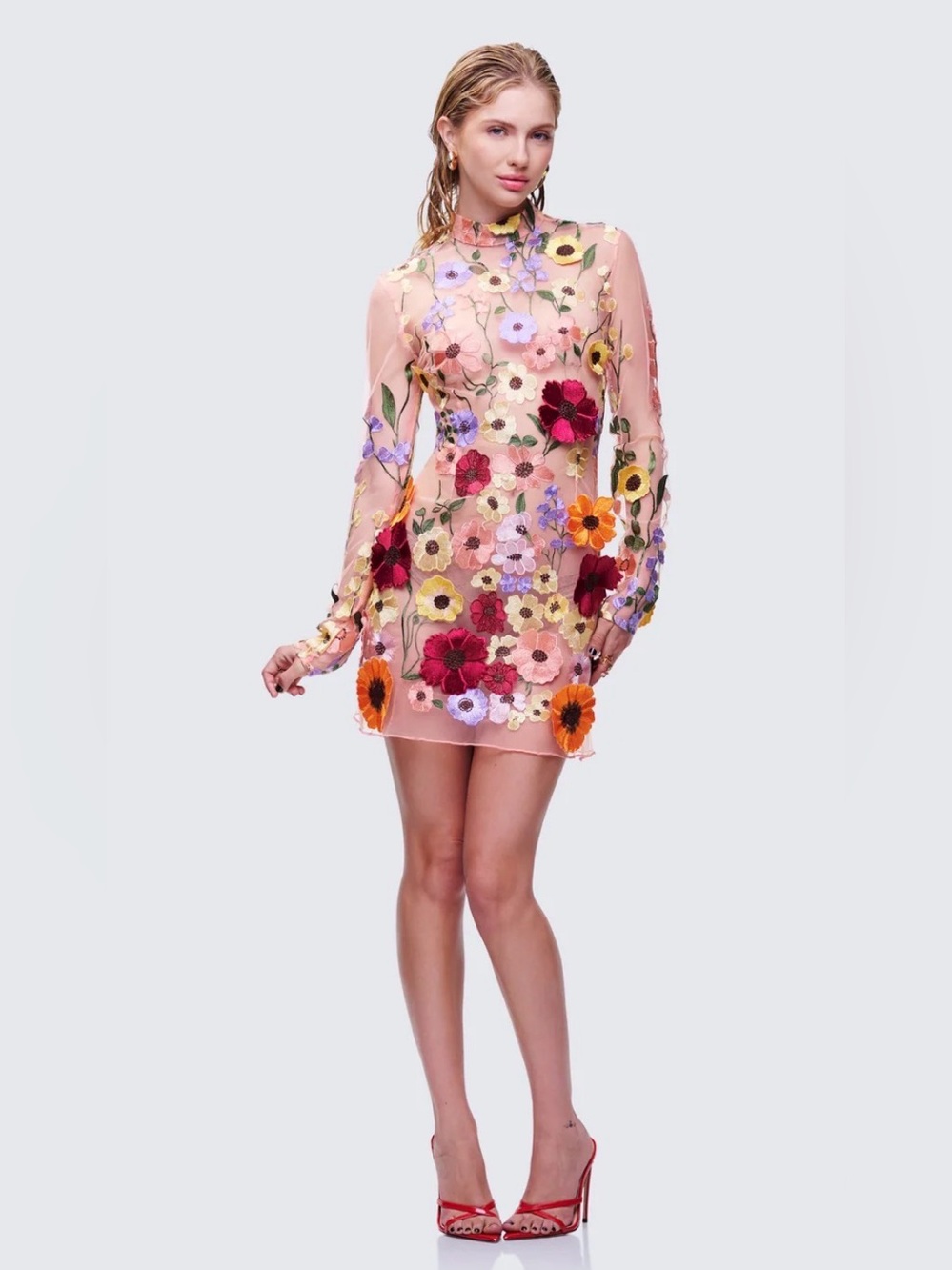 Anthropologie Pink Floral Embroidered Mini Dress